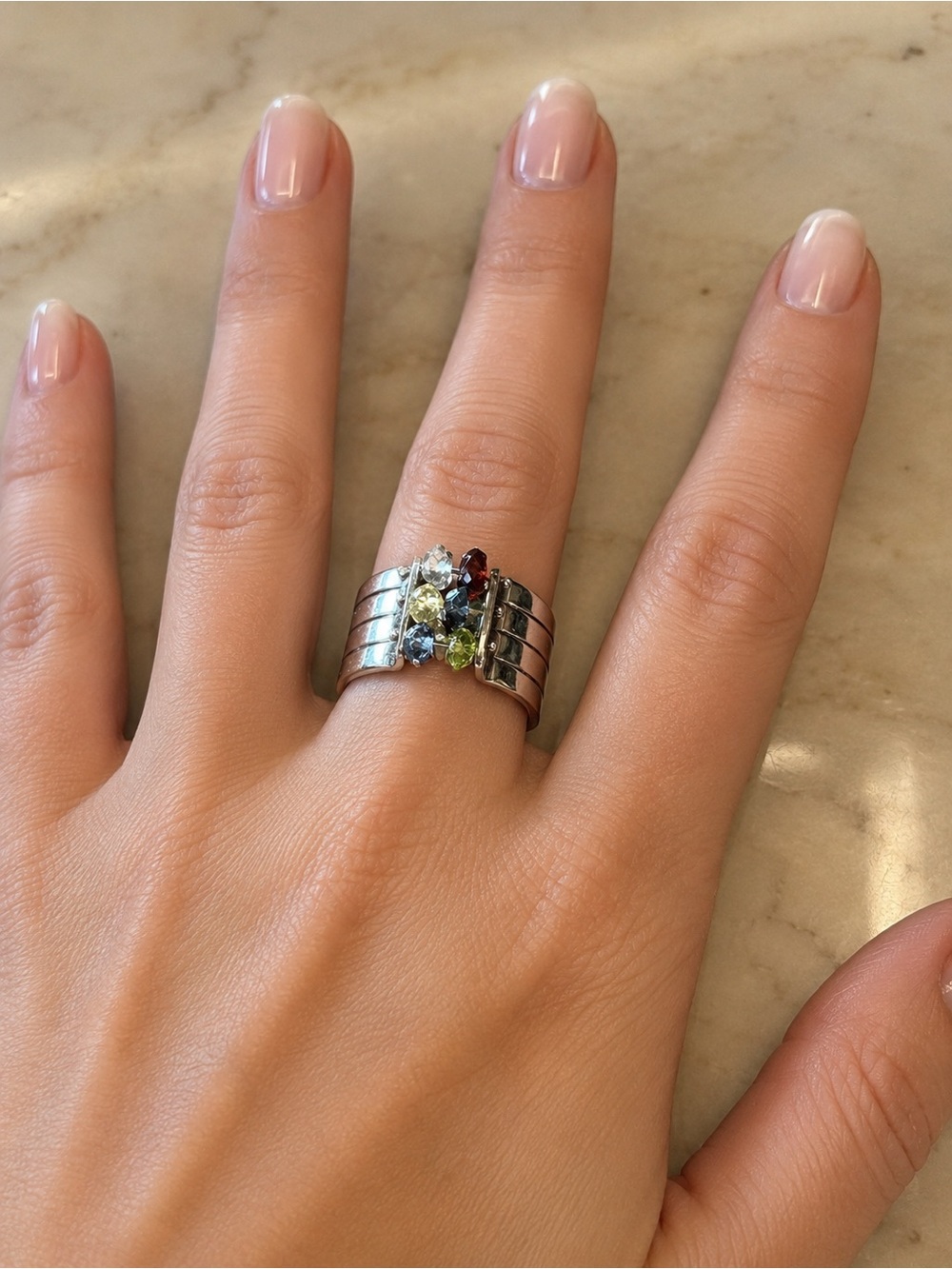 925 Wide Multi- Gemstone Caged Kinetic Spinner Ring RARE SILPADA? Vintage EUC